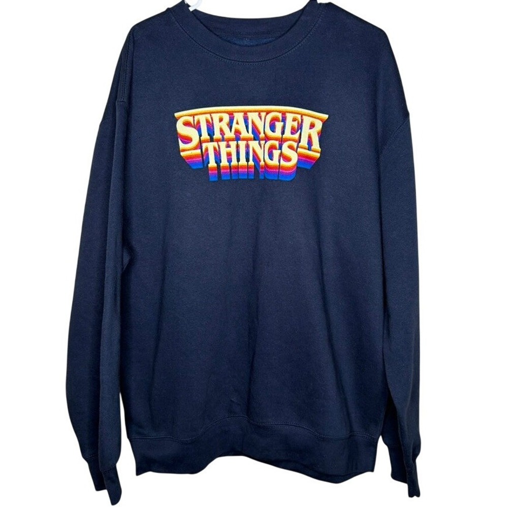 Netflix Stranger Things Crewneck Sweatshirt Navy Blue Retro Rainbow Logo XL